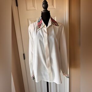 Karen Scott White Blouse with Multicolor Embellished Collar and Cuffs size 12
